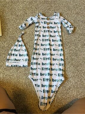 Little Brother Teal Print Knotted Gown and Hat Set - Kids One Piece